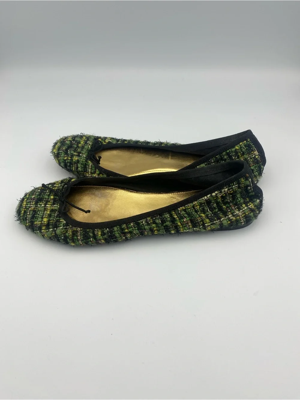 J. Crew Green Tweed Ballet Flats with Gold Insole